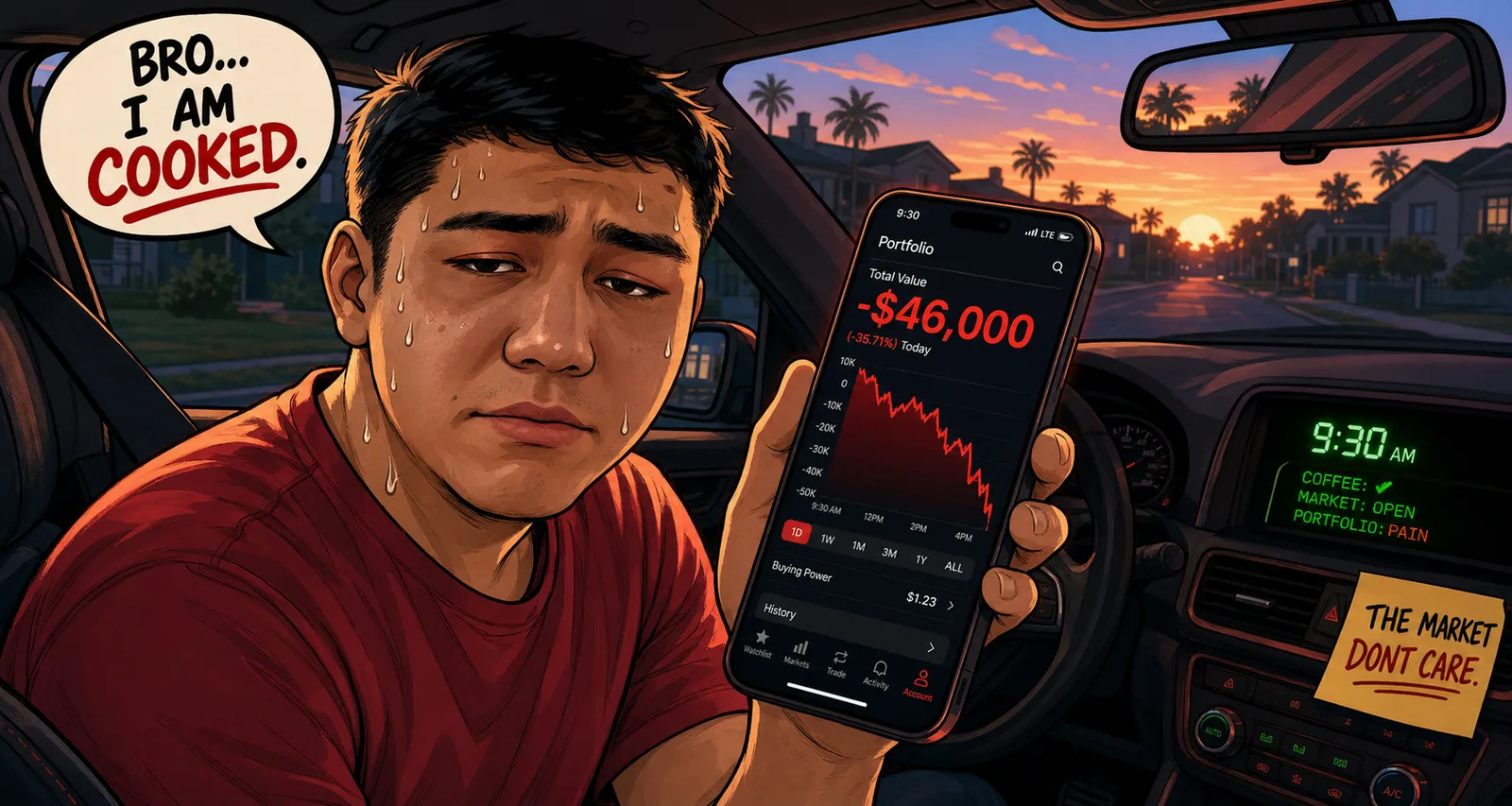Cartoon illustration of a trader in his car at market open watching his portfolio hit minus $46,000
