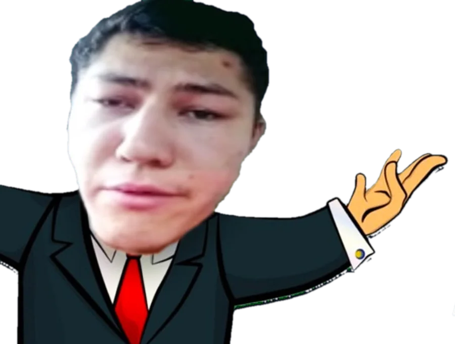 The original GUH meme — the real trader’s face on a cartoon suit, presenting his masterpiece
